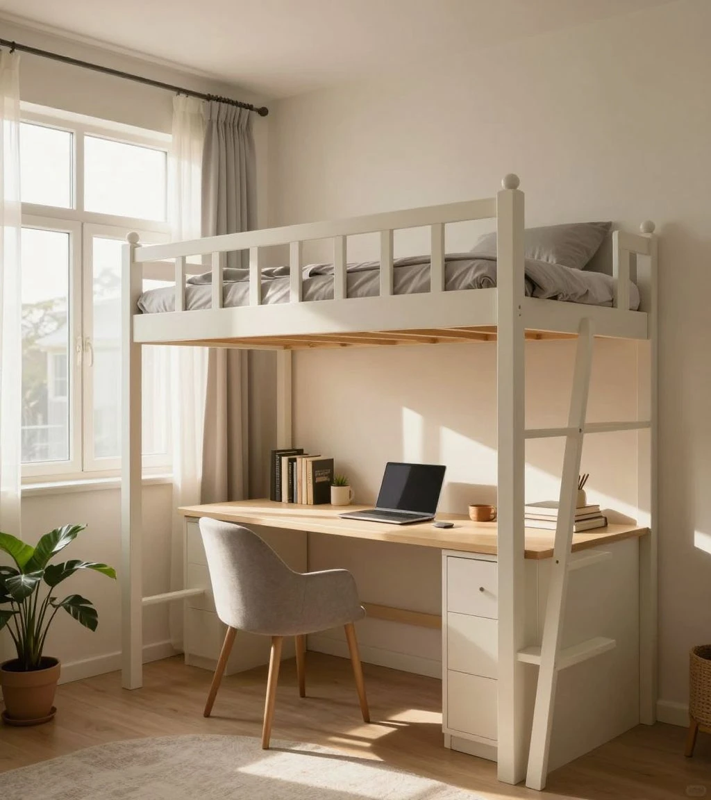 Cozy bedroom with modern loft bed and workspace underneath.