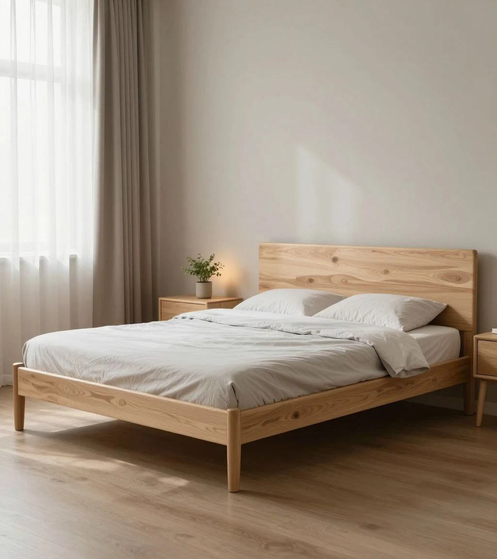 Sleek minimalist loft bed in serene bedroom setting.