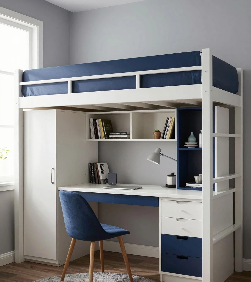 Multifunctional loft bed with workspace and storage underneath.