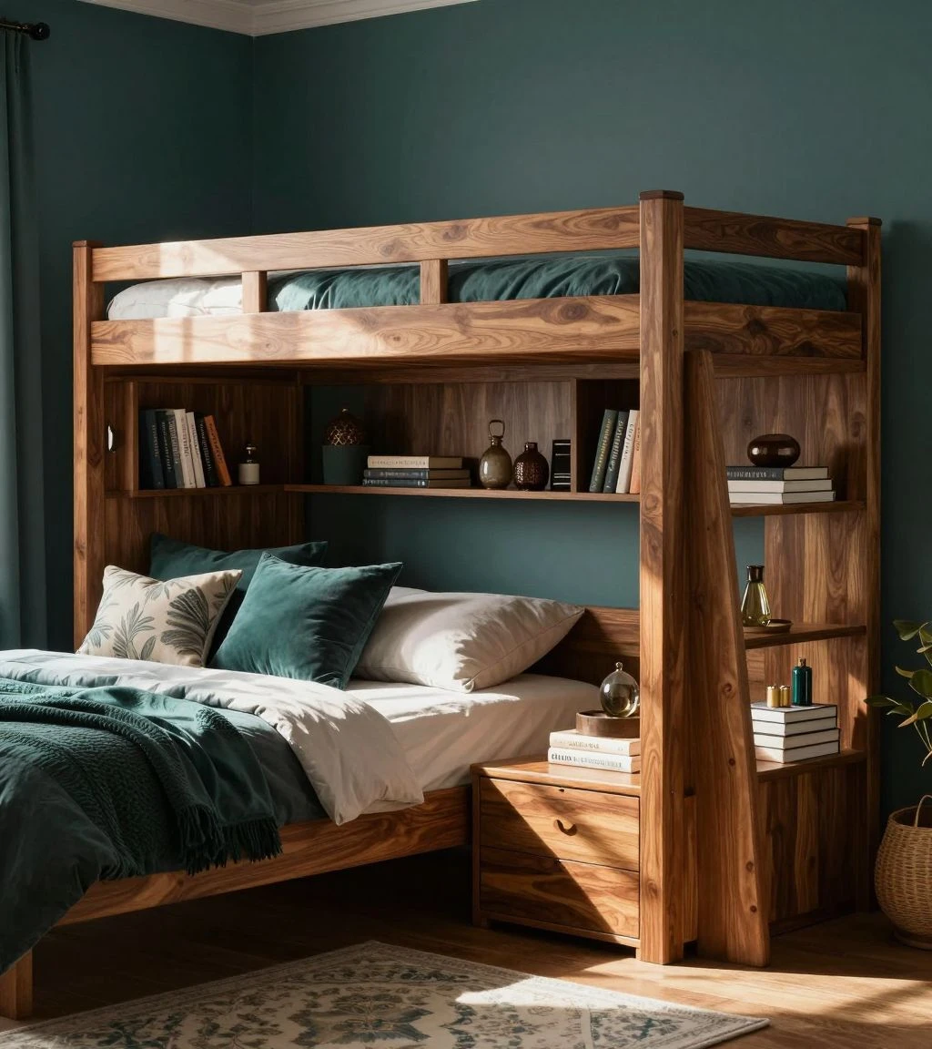 Loft bed with built-in storage in a cozy jewel-toned bedroom.