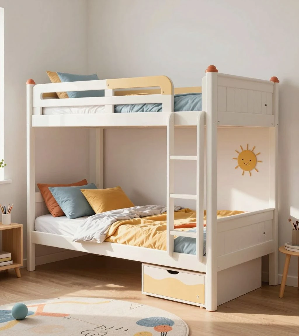 Customizable loft bed in a bright kids' room with colorful decor.