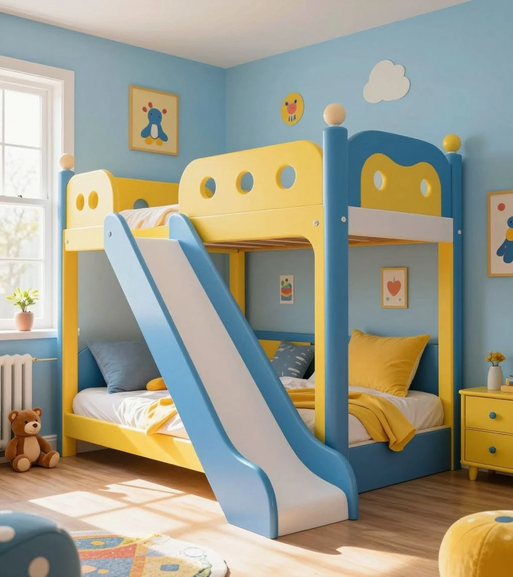 Whimsical loft bed for kids with colorful decorations.