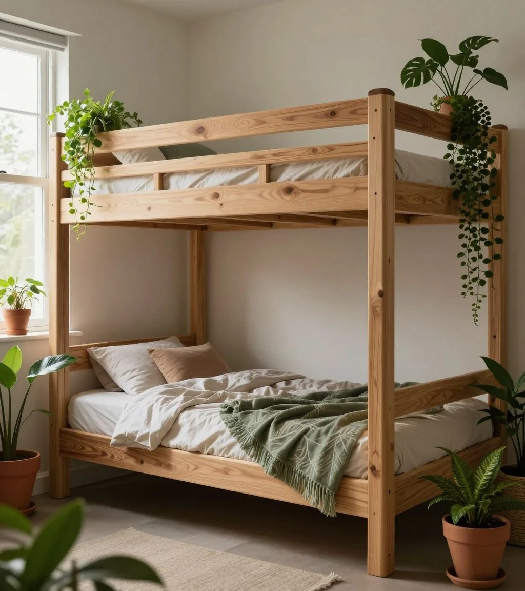 Eco-friendly loft bed in a tranquil bedroom with greenery.