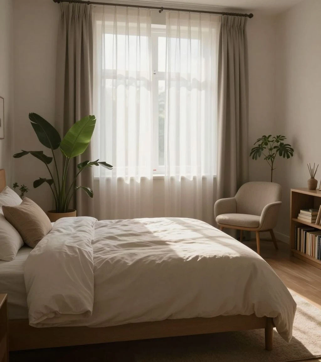 Serene bedroom sanctuary with calming decor and warm lighting.