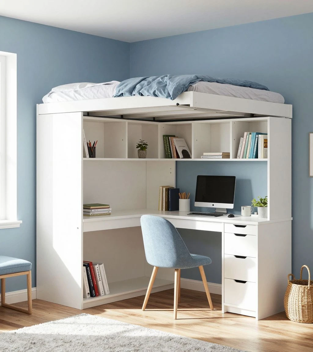 Multi-functional bedroom with a murphy bed and home office setup.