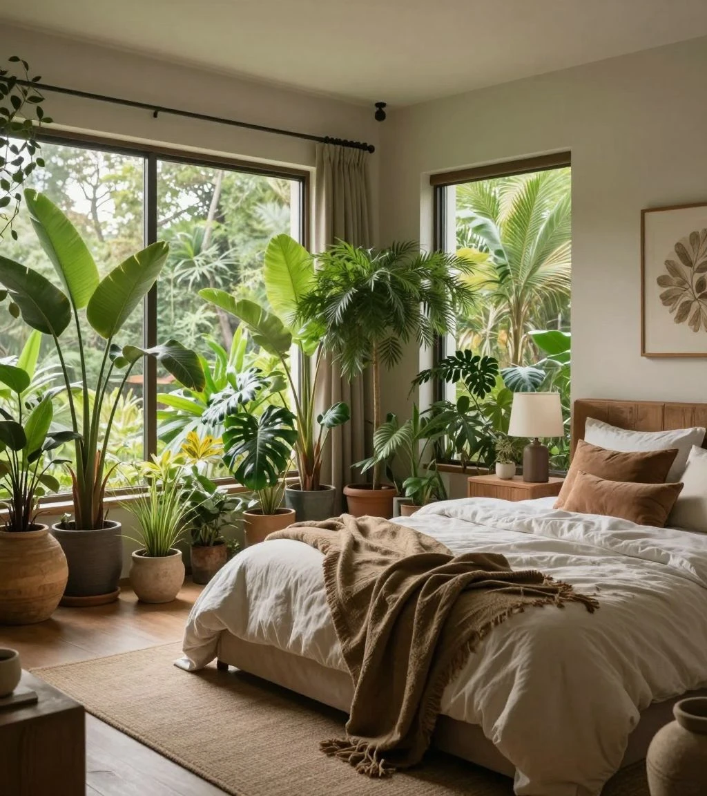 Biophilic bedroom design with plants and natural light.