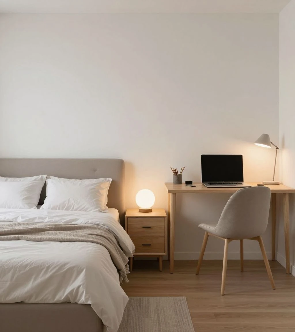 Zoned bedroom with distinct sleeping and working areas.