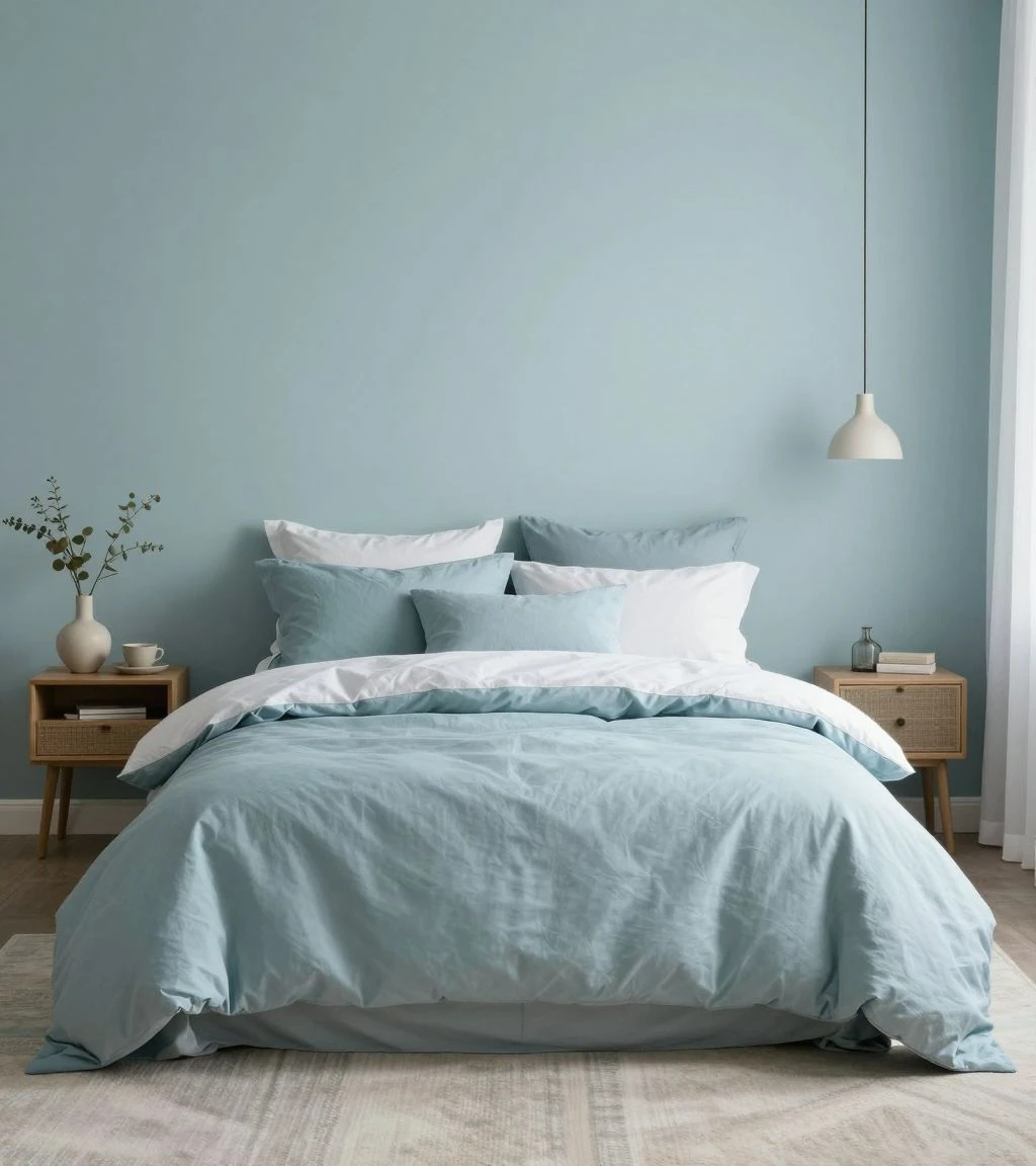 Bedroom with a soothing color palette of soft blues and greens.