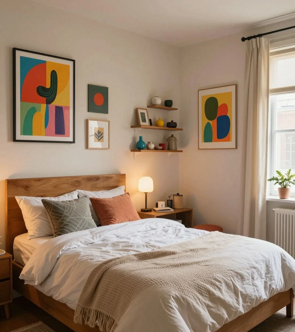 Personalized bedroom with unique decor and warm ambiance.