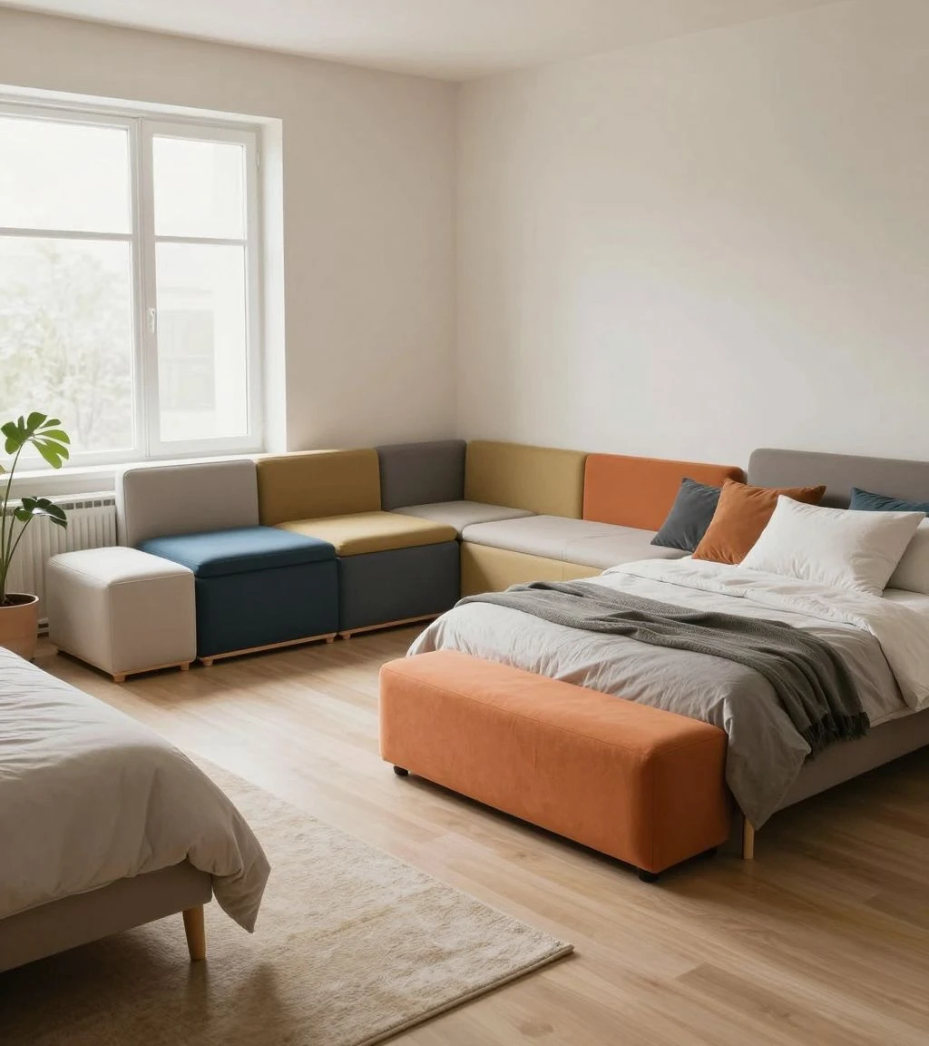 Adaptive bedroom layout with modular and flexible furniture.