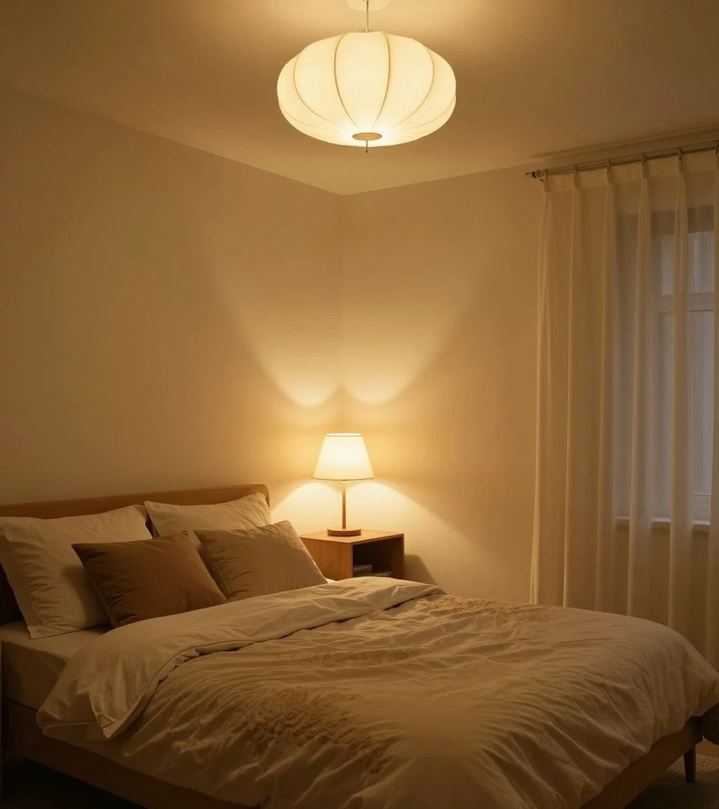 Bedroom showcasing various lighting elements for ambiance.