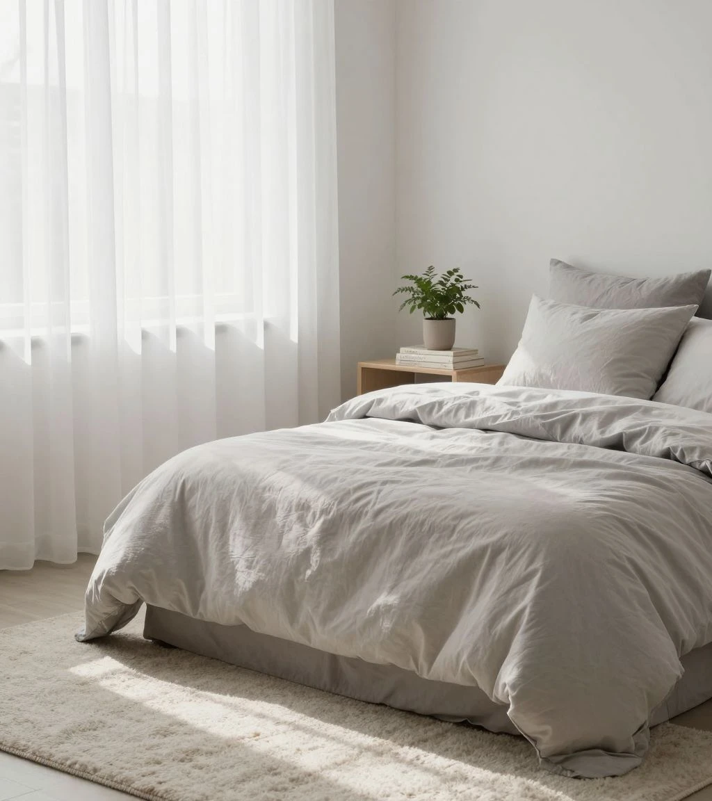 Cozy bedroom sanctuary with neutral tones and natural light.