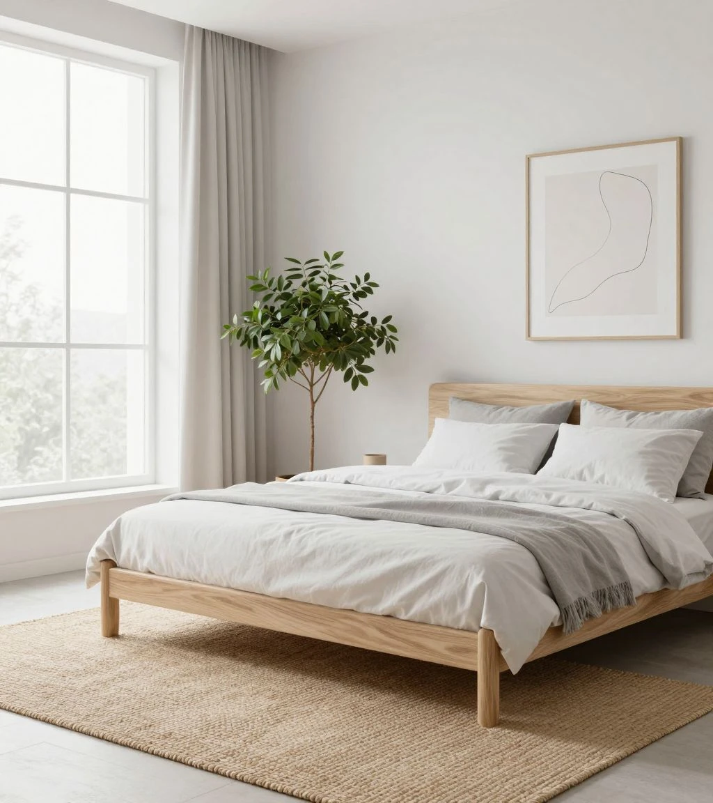 Minimalist zen bedroom with low-profile furniture and natural light.