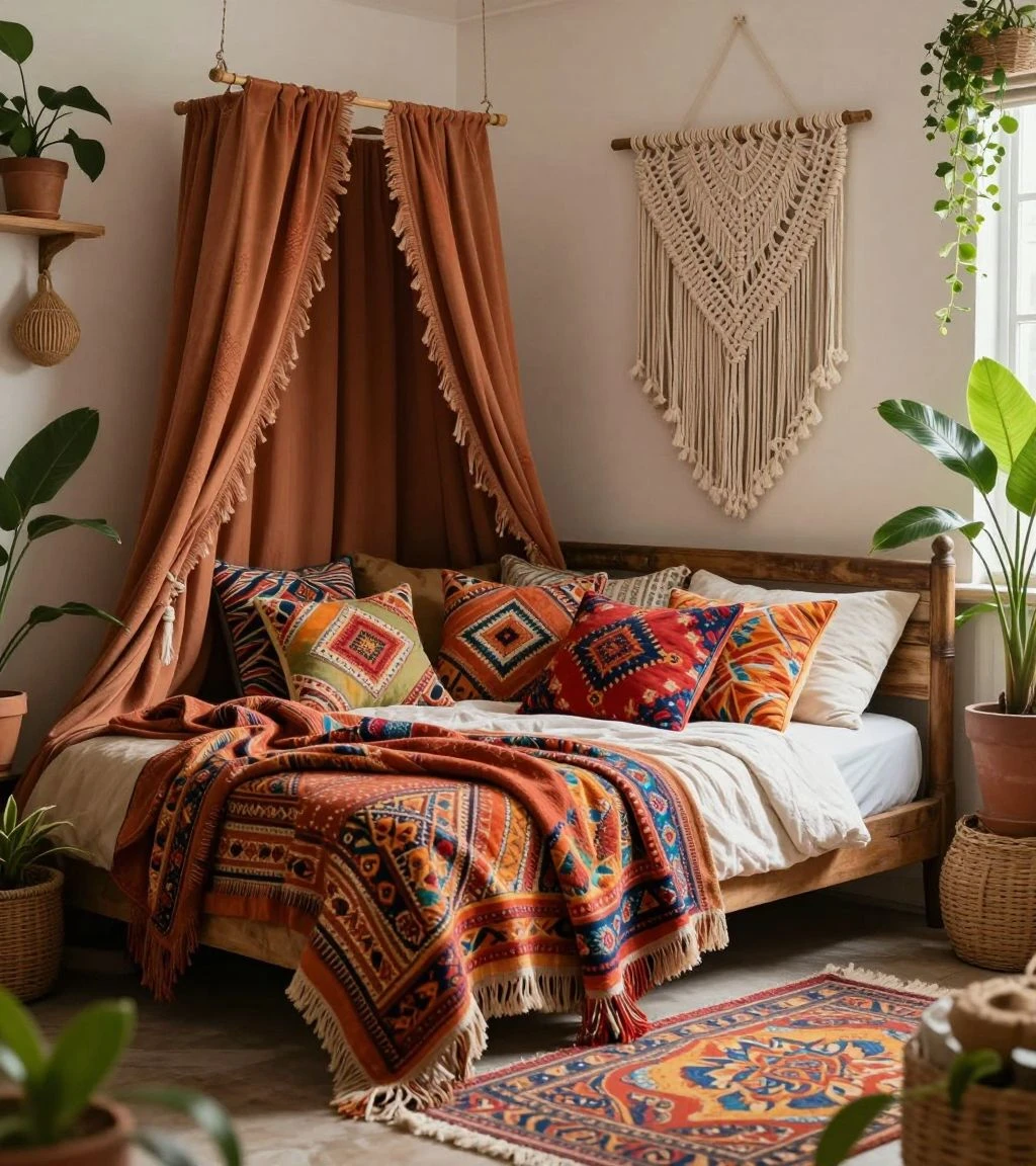 Eclectic bohemian chic bedroom with vibrant colors and patterns.