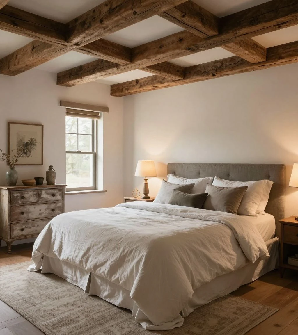 Cozy modern farmhouse bedroom with rustic elements and soft lighting.