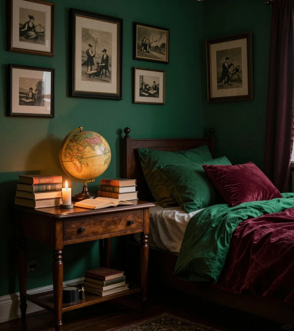 Intellectual dark academia bedroom with rich colors and vintage decor.