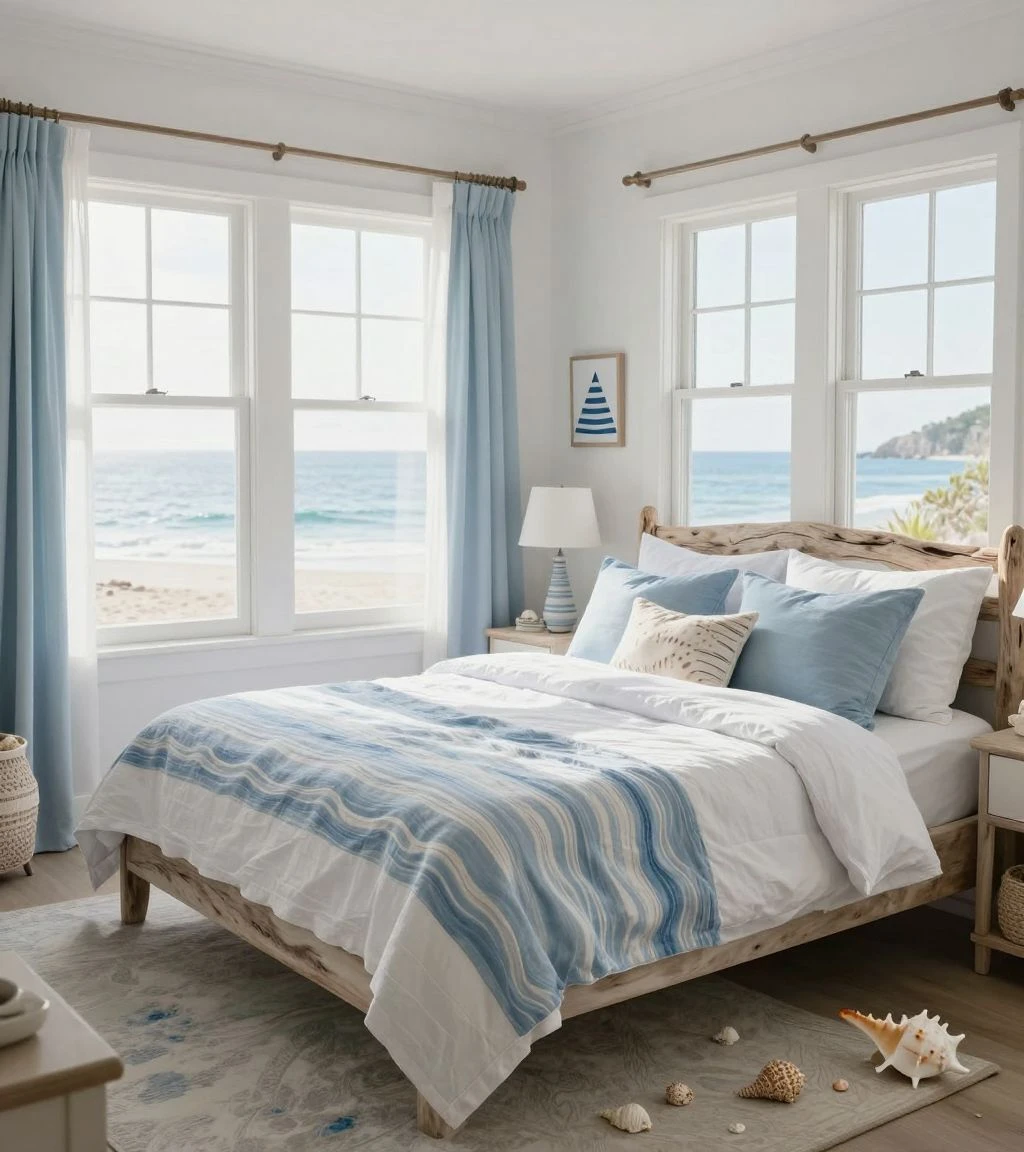 Bright coastal retreat bedroom with nautical decor and sunlight.
