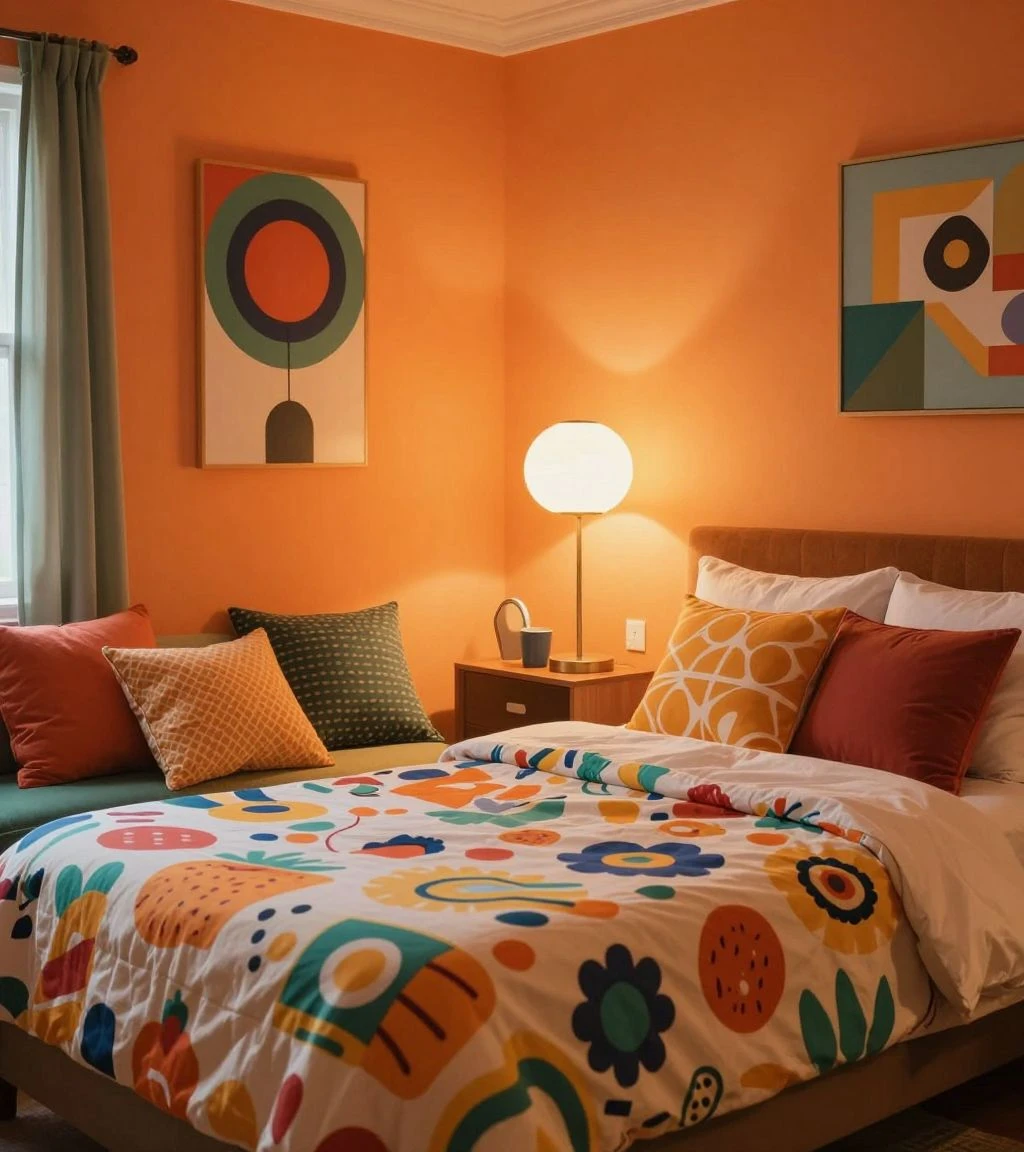 Playful retro revival bedroom with bold patterns and vibrant colors.