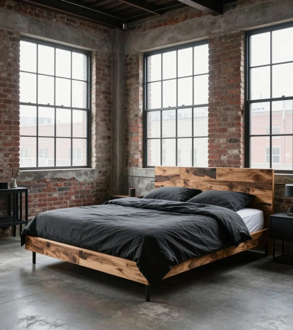 Urban industrial loft bedroom with exposed brick and metal accents.