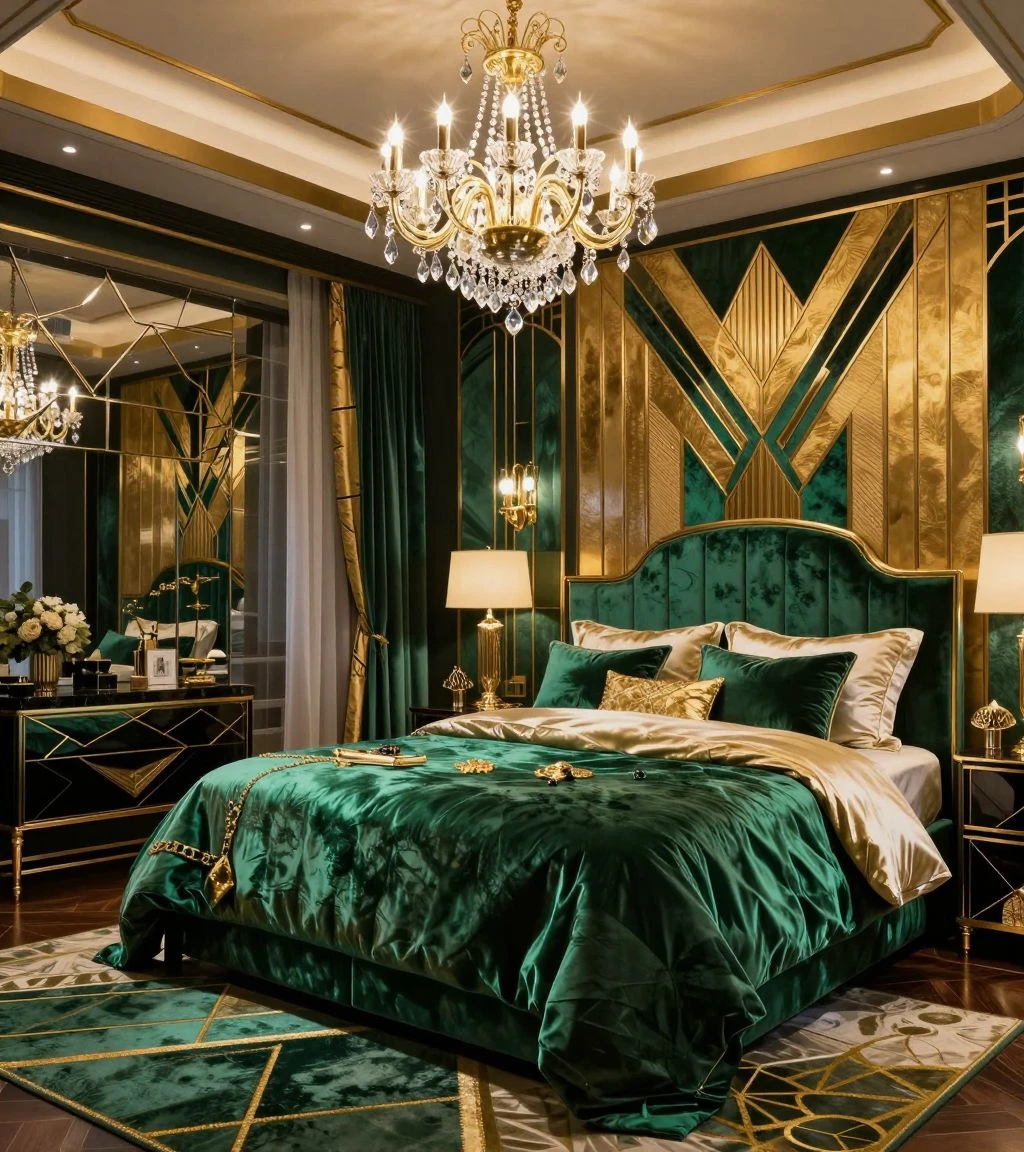 Luxurious art deco bedroom with rich colors and elegant patterns.