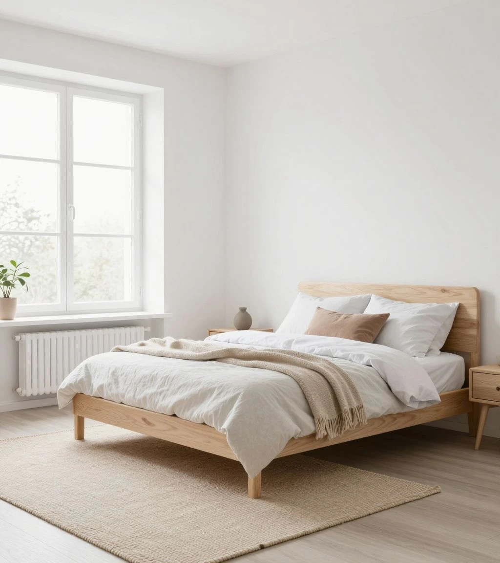 Bright Scandinavian bedroom with minimalist design and natural light.