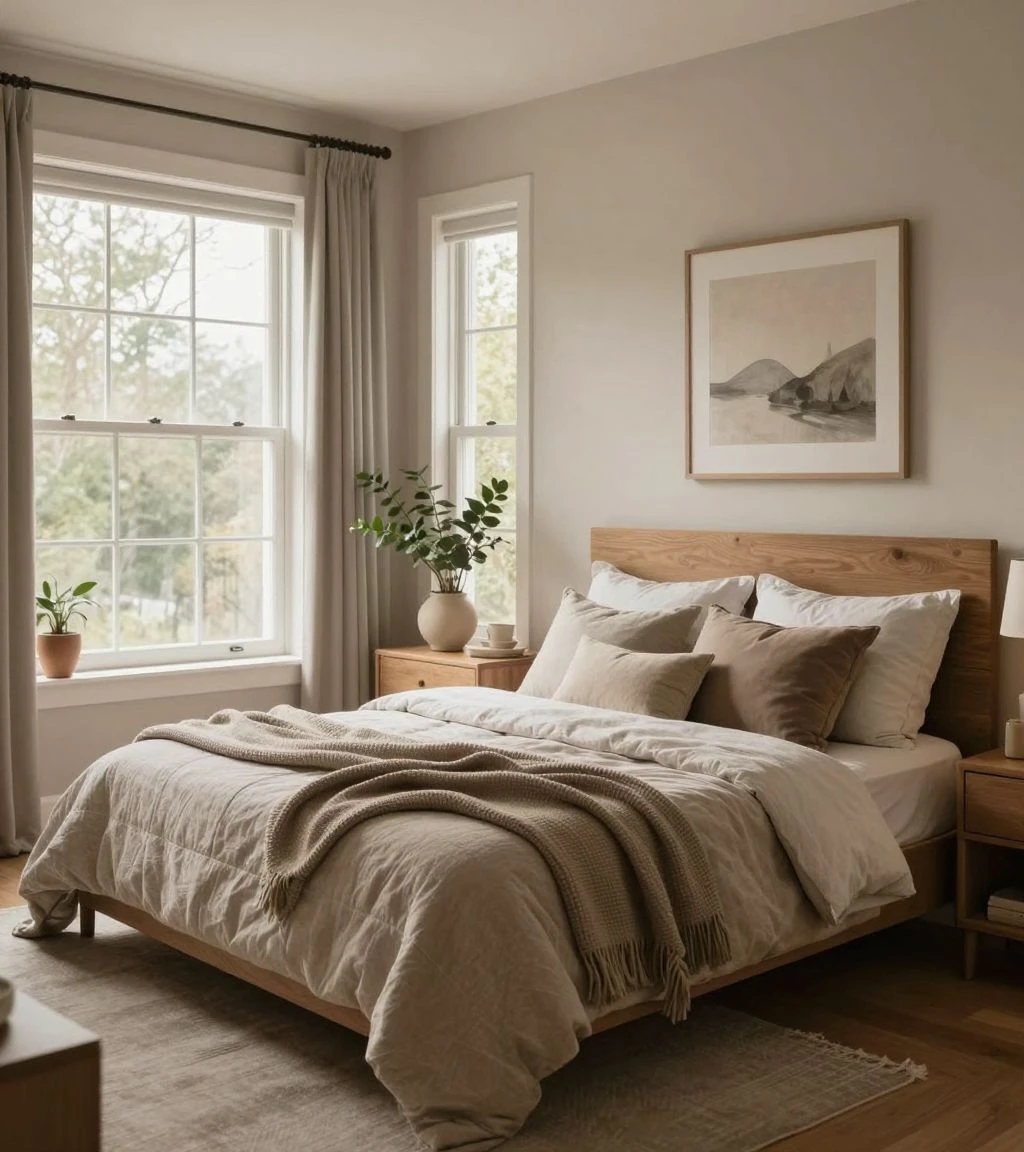 Cozy bedroom sanctuary with soft colors and natural light.