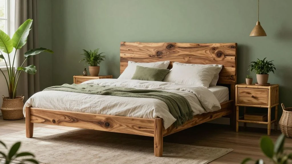 Eco-friendly bedroom with reclaimed wood furniture and plants.