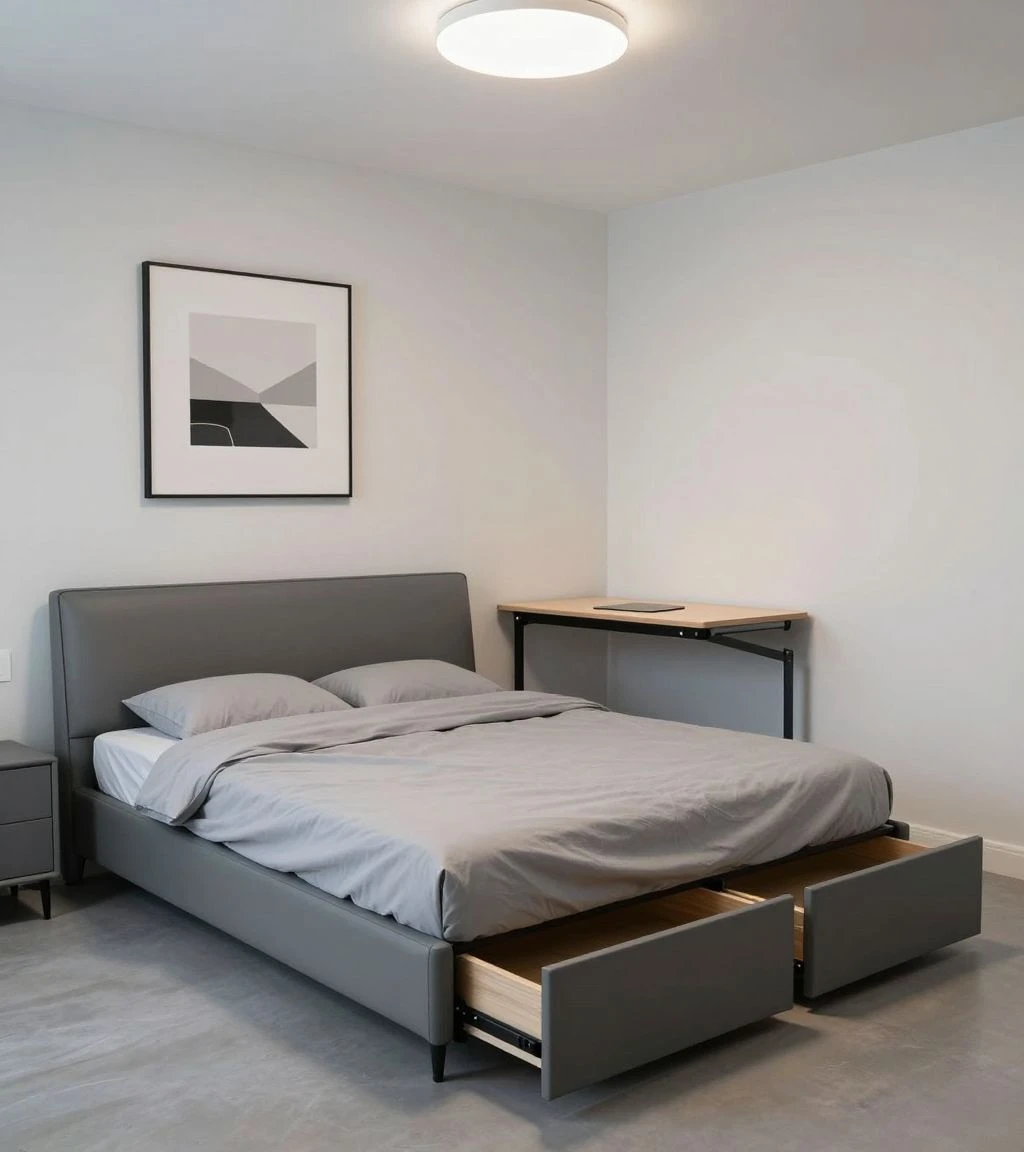 Modern bedroom with multi-functional furniture and efficient design.