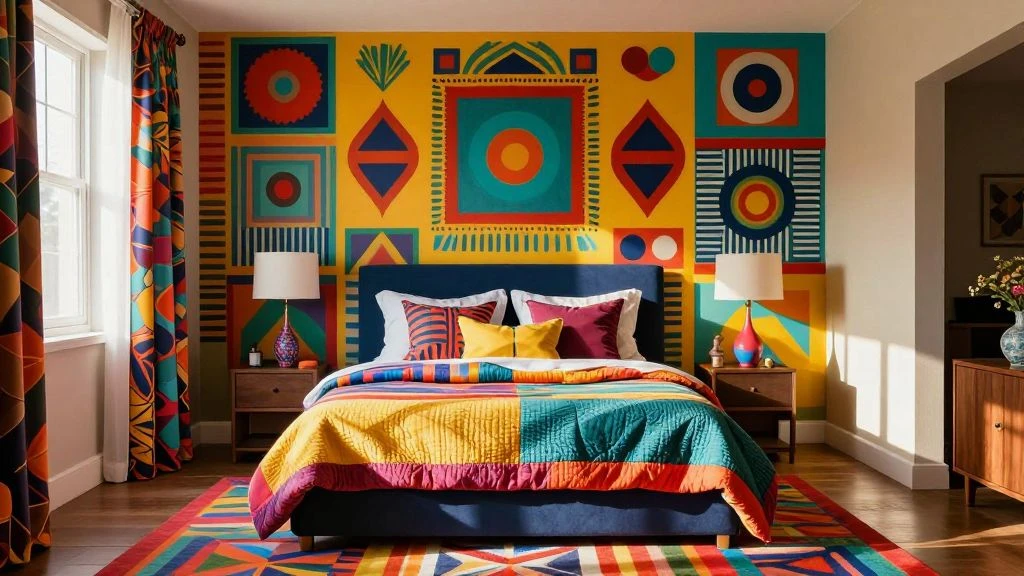 Vibrant bedroom with bold colors and geometric patterns.