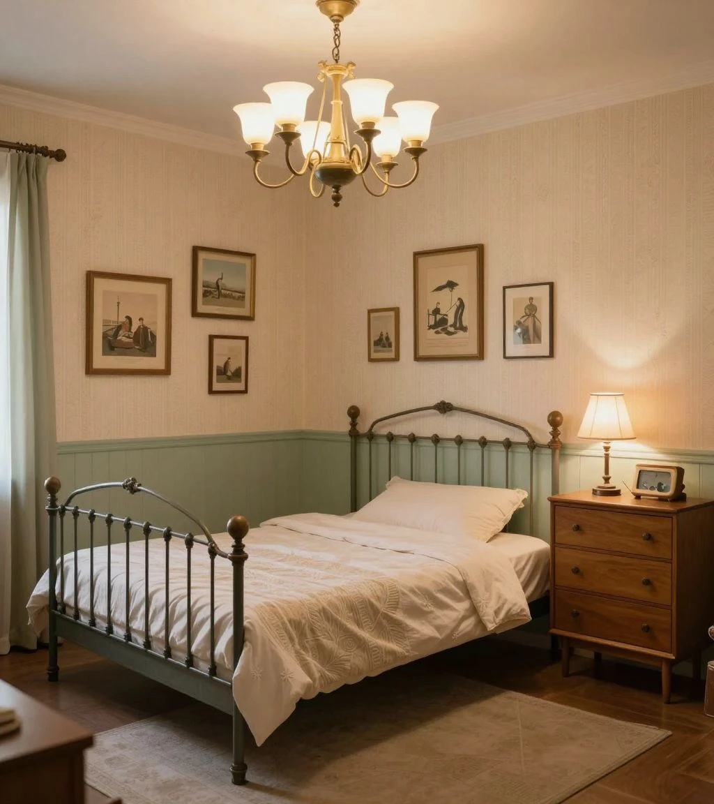 Vintage-inspired bedroom with retro furniture and warm lighting.