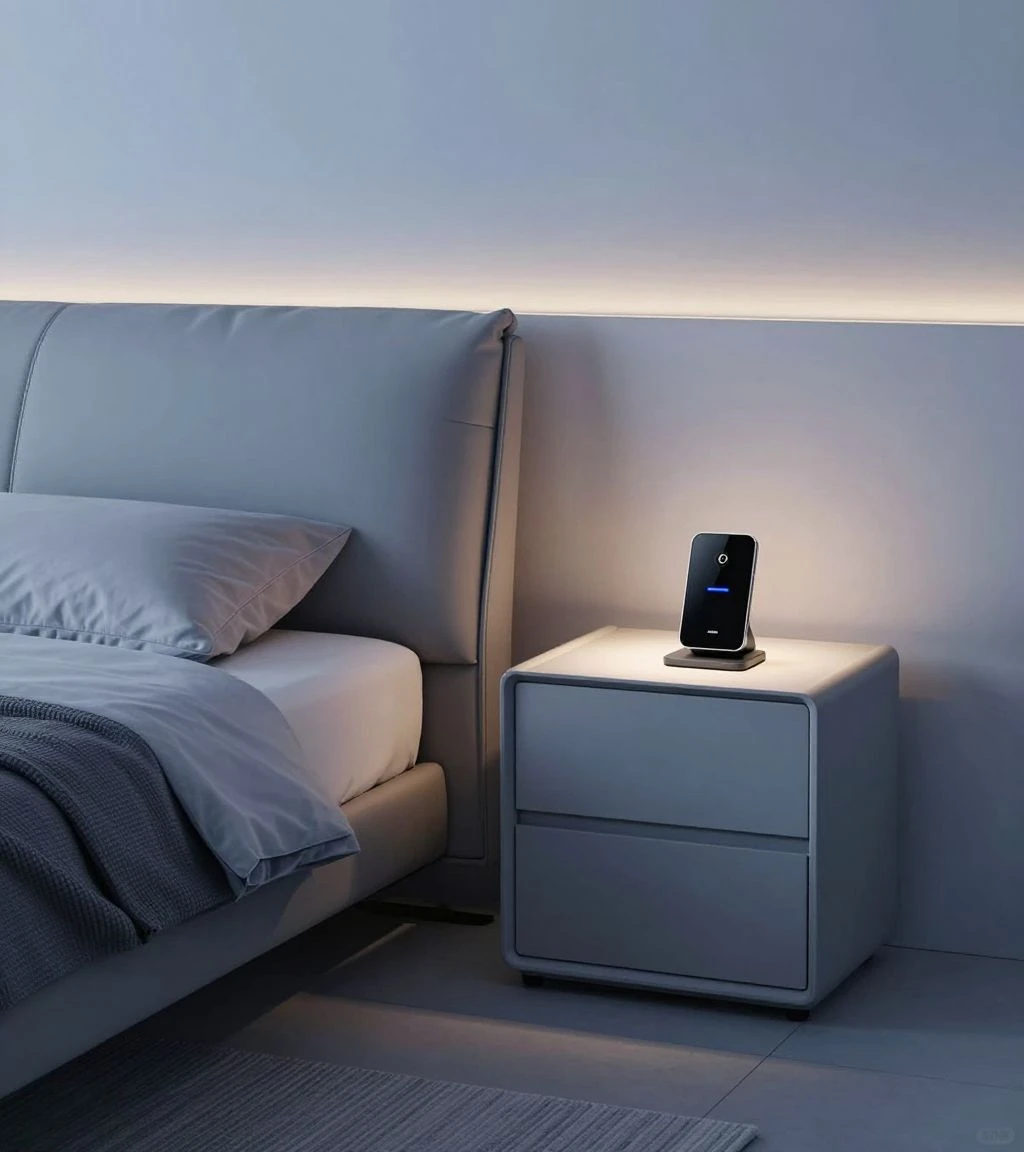 Modern bedroom with smart furniture and integrated technology.