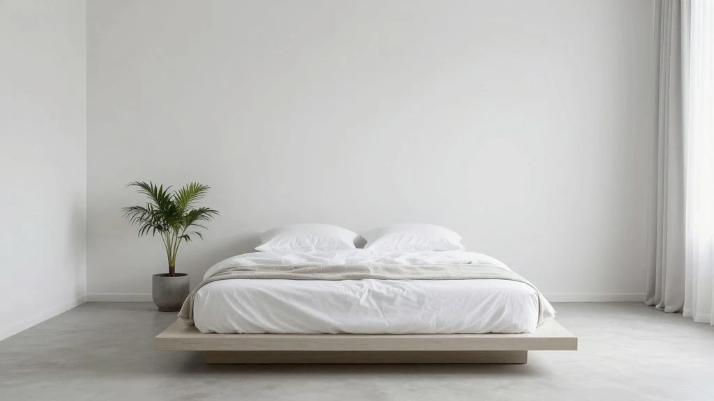 Minimalist bedroom with serene design and neutral colors.