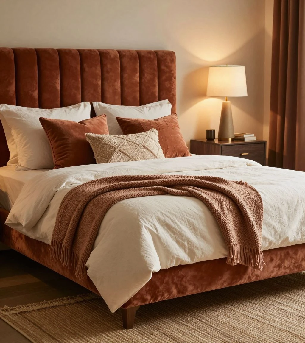 Cozy bedroom with rich textured fabrics and warm lighting.