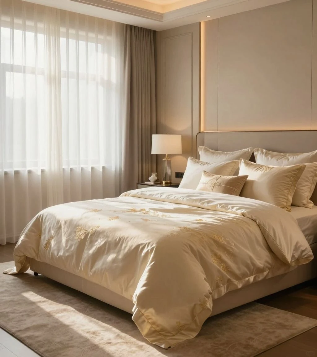 Luxurious king bedroom sanctuary with cream and gold bedding and warm lighting.