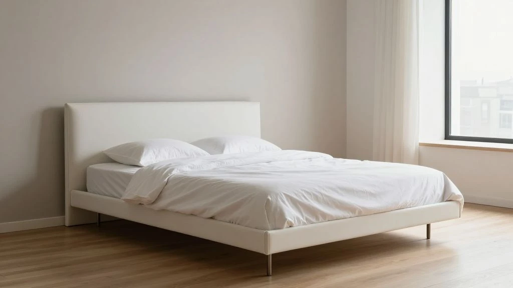 Minimalist king bedroom set with white linens and pastel accents in a serene atmosphere.
