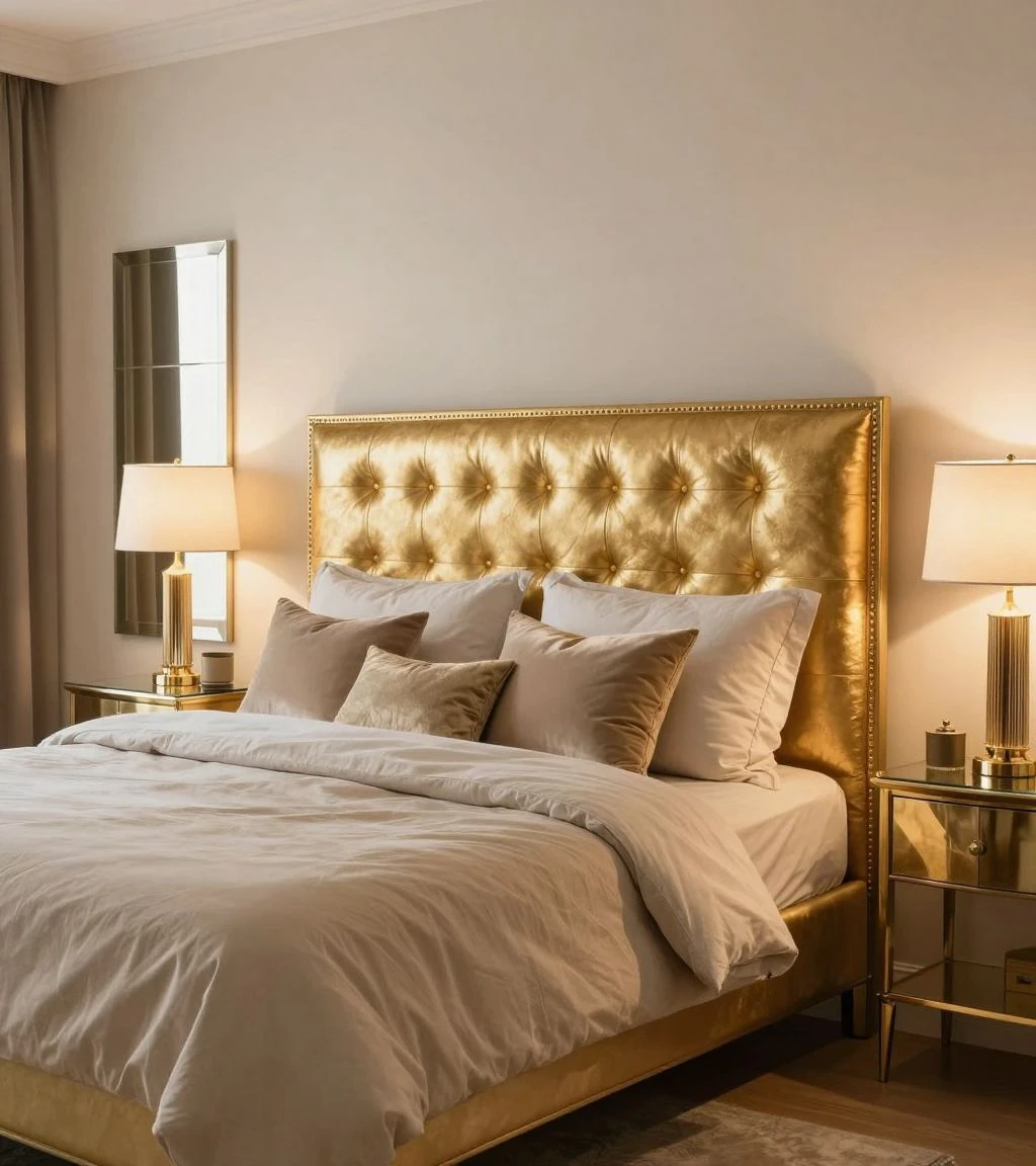 Opulent king bedroom with gold accents and neutral bedding creating a glamorous ambiance.