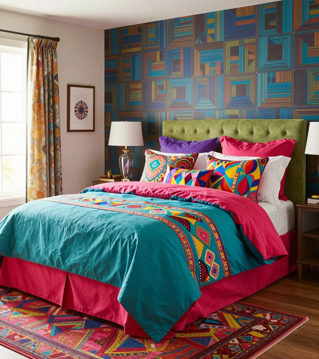 Vibrant king bedroom with bold colors and geometric patterns creating a lively atmosphere.