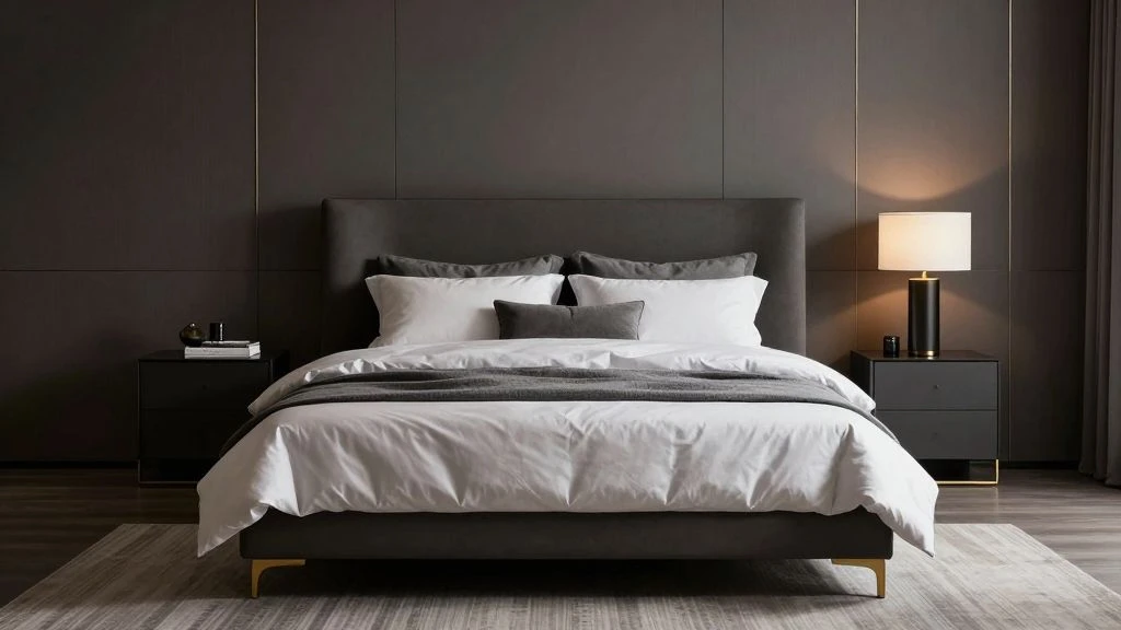 Modern king bedroom with integrated smart technology and ambient lighting.