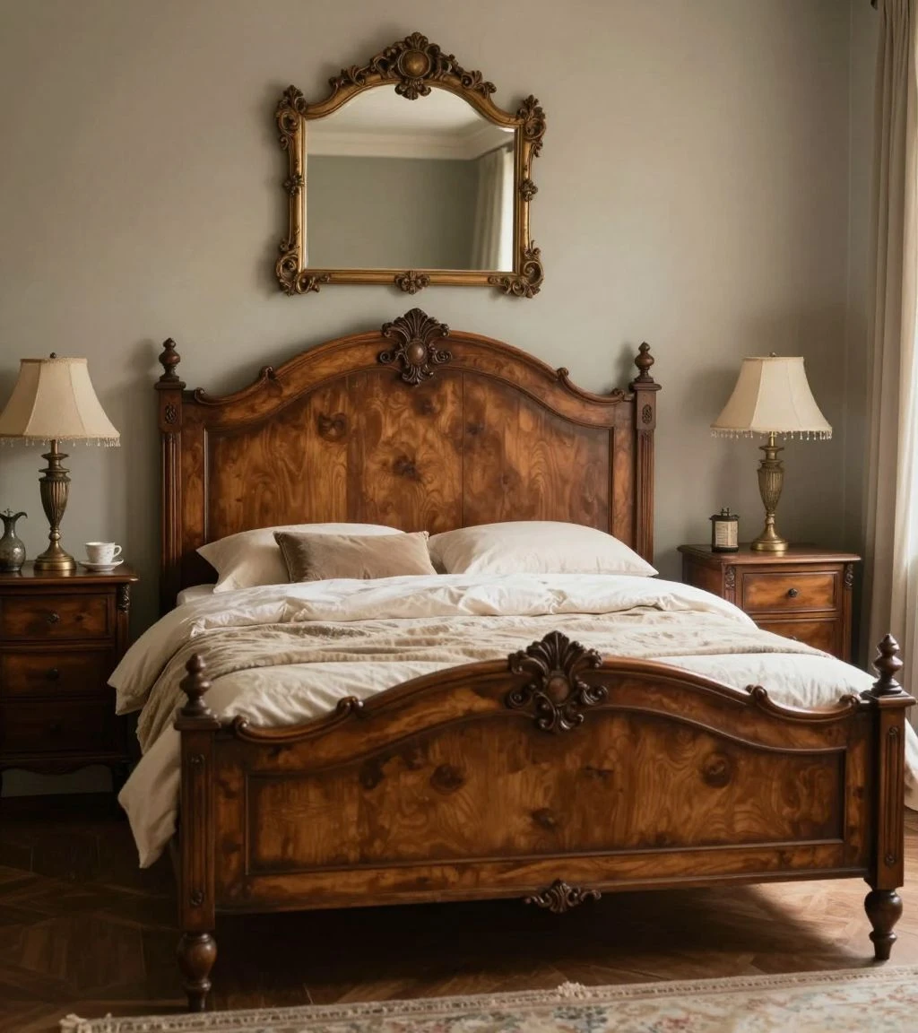 Charming king bedroom with vintage decor and warm earth tones for a nostalgic feel.