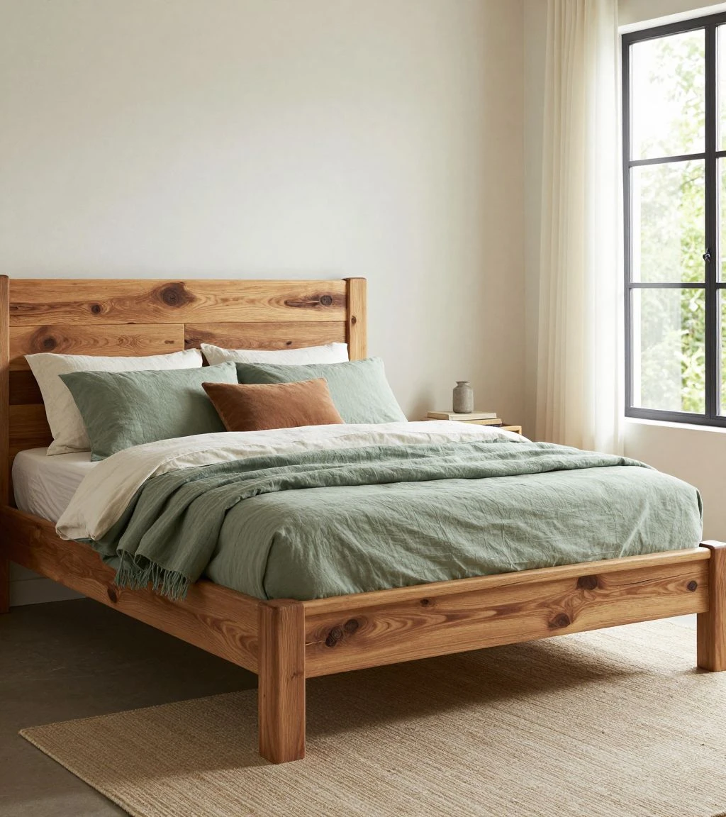 Eco-friendly king bedroom with reclaimed wood and organic linens creating sustainable luxury.