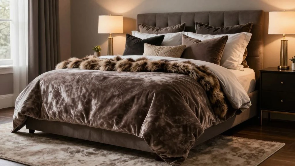 King bedroom with luxurious textured layers including velvet and faux fur.