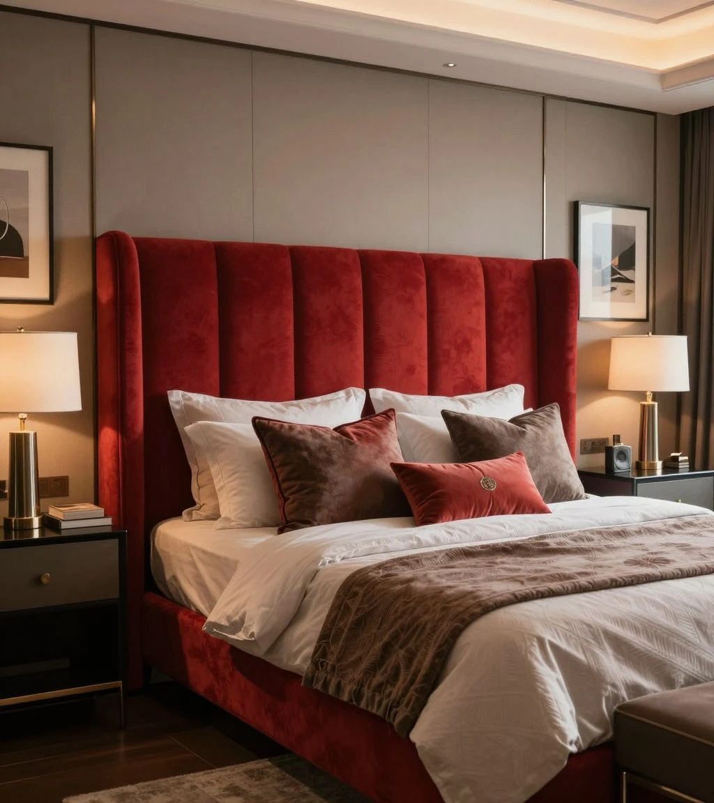 Striking king bedroom with oversized statement headboard and vibrant decor.