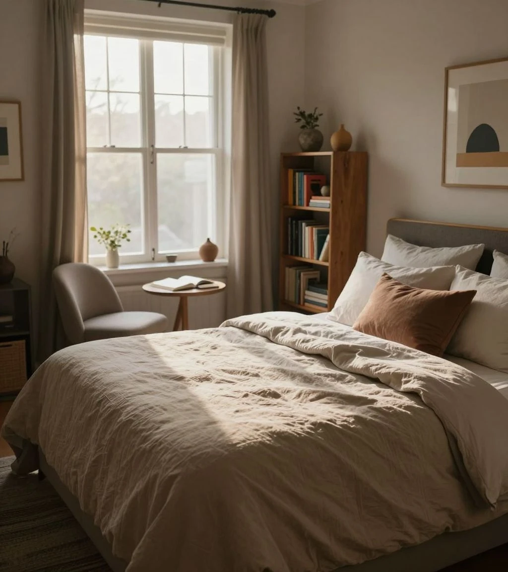 Cozy bedroom set showcasing warm tones and minimalistic decor for 2026 trends.
