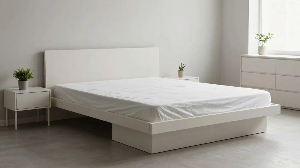 Minimalist bedroom set with a platform bed and neutral color scheme.