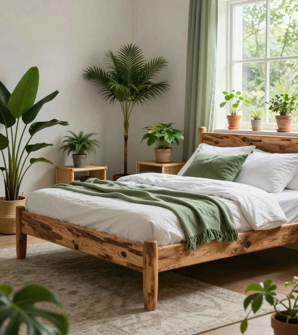 Eco-friendly bedroom set with reclaimed wood furniture and lush plants.