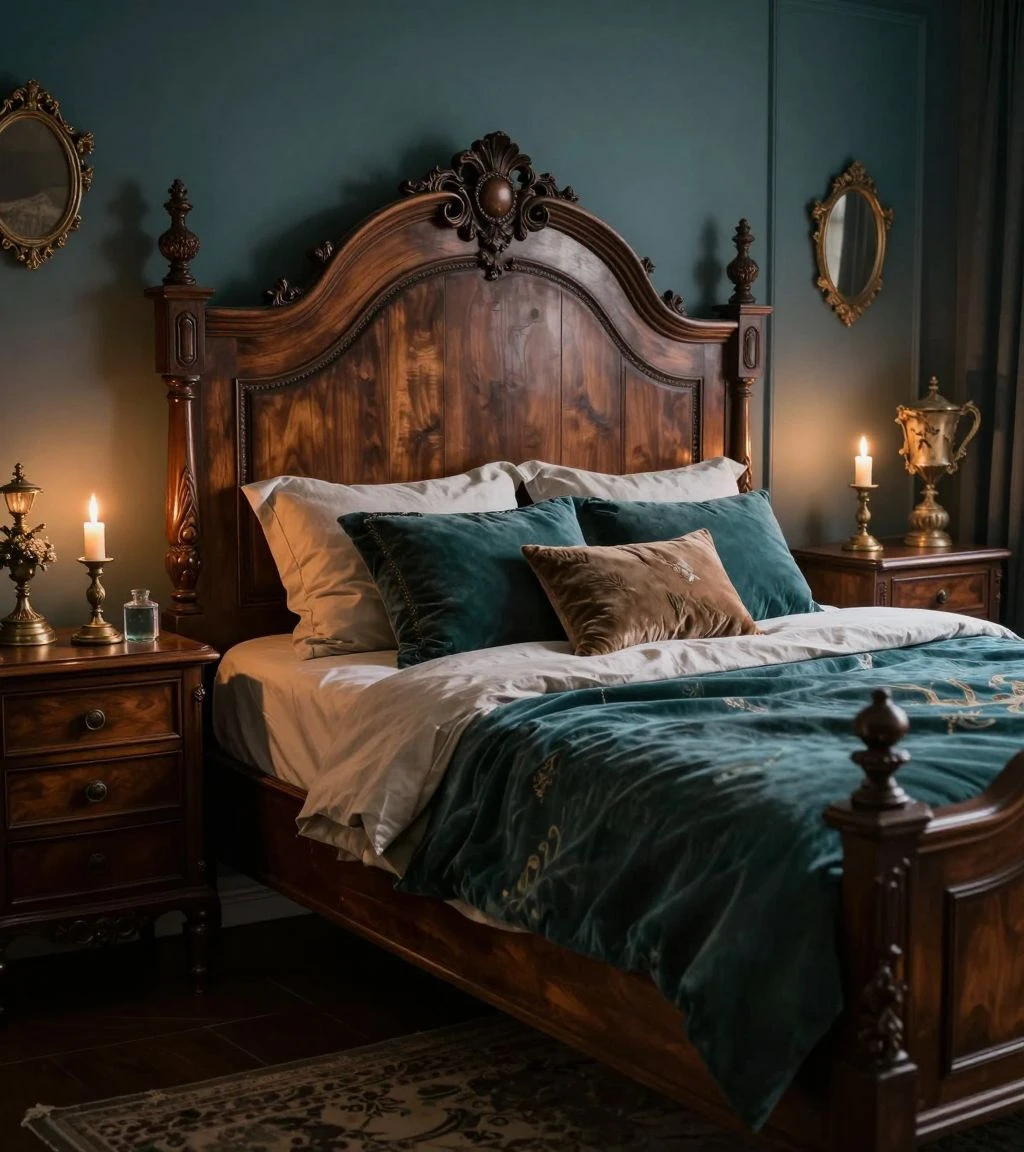 Elegant vintage-inspired bedroom set with rich textures and nostalgic decor.