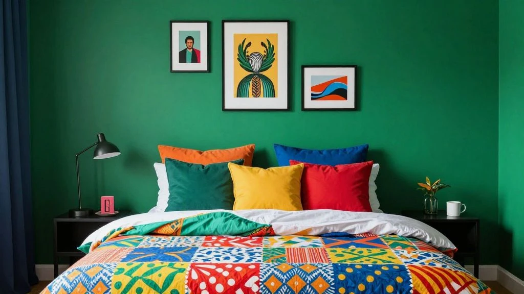 Vibrant bedroom showcasing bold color palettes and eclectic decor.