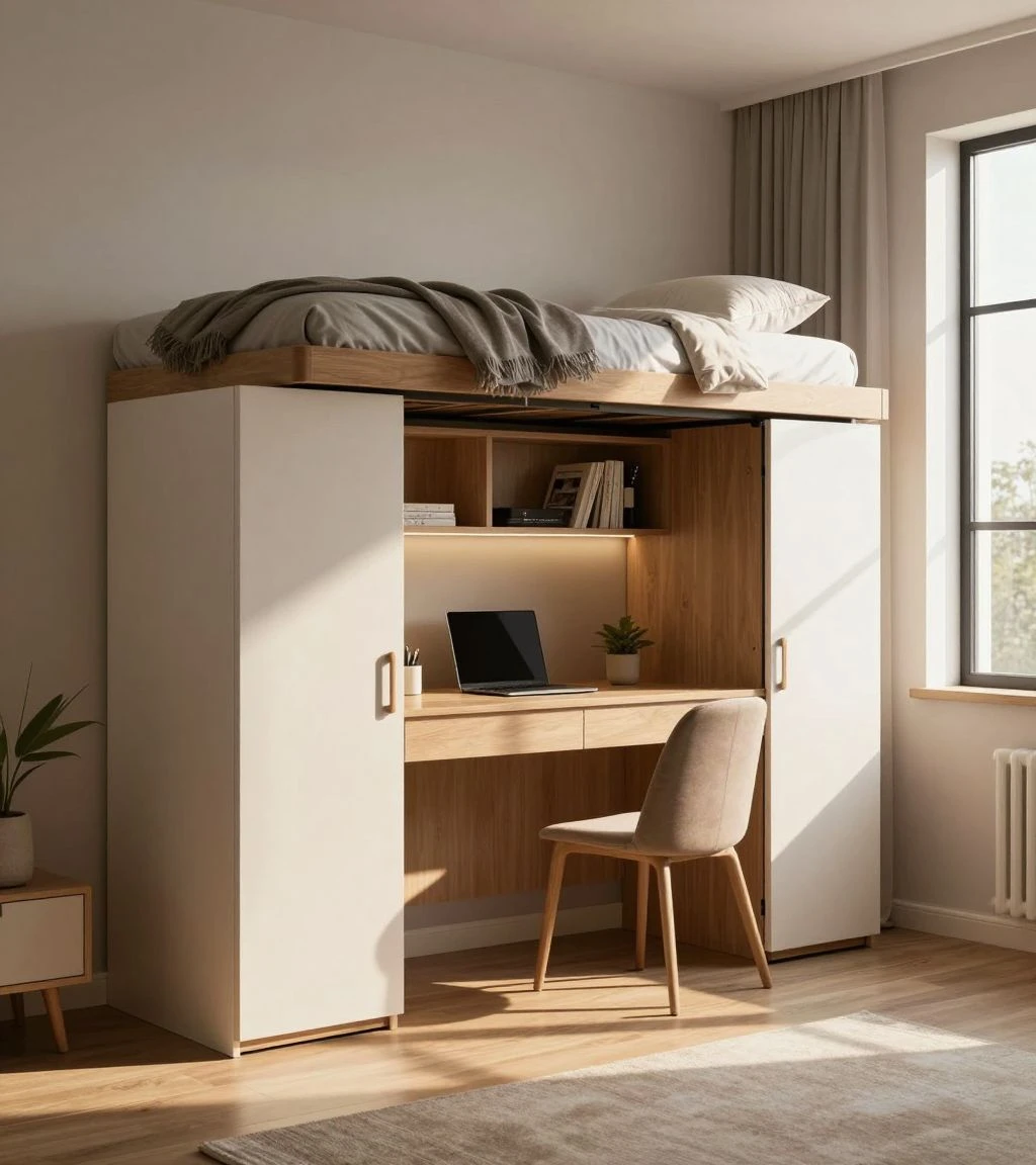 Stylish bedroom showcasing multi-functional furniture for space-saving.