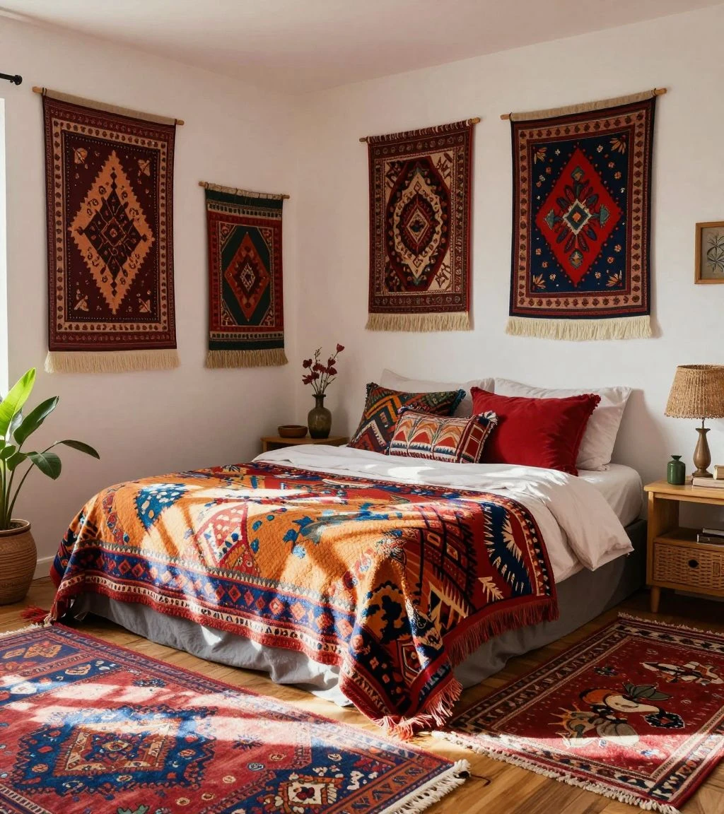 Bohemian bedroom set showcasing colorful textiles and eclectic decor.