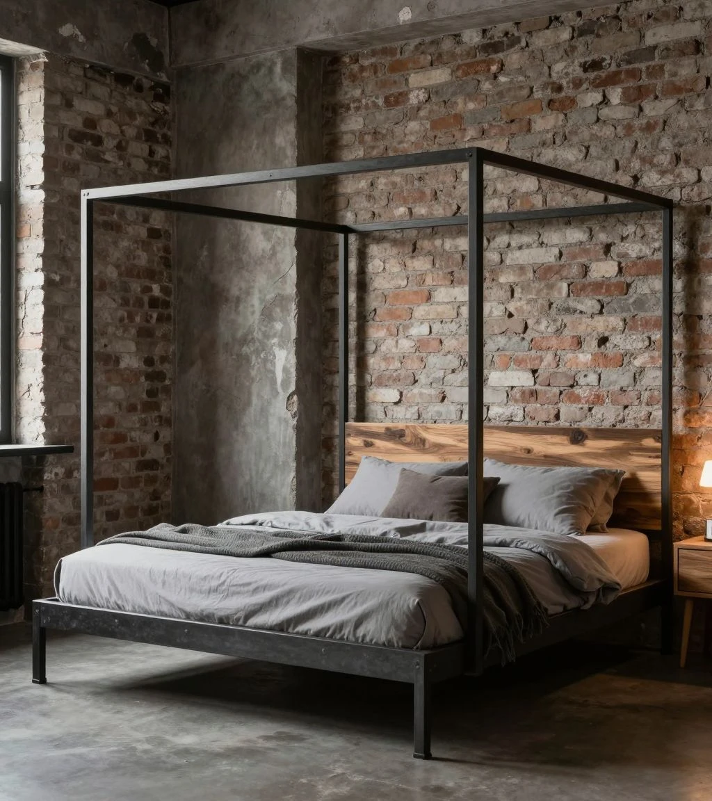 Industrial style bedroom set featuring raw materials and urban design.